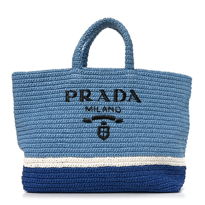 Prada Yarn Raffia Effect Crochet Striped Large Logo Tote Celeste Blue 1 of 9