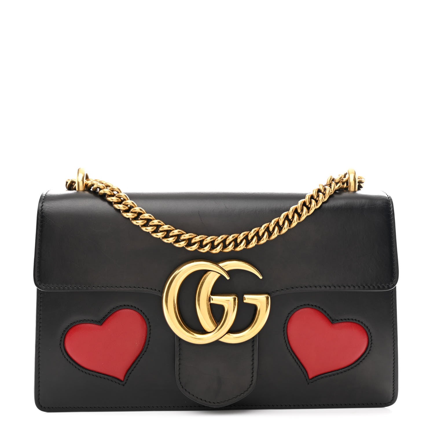 Gucci Knight Calfskin Malaga Kid Heart Medium GG Marmont Chain Handle Bag Black Hibiscus Red Multicolor 1 of 10