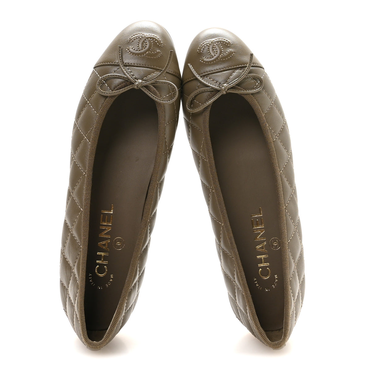 Chanel Lambskin Quilted CC Cap Toe Ballerina Flats 37.5 Dark Khaki 2 of 9