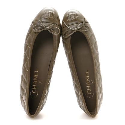 Chanel Lambskin Quilted CC Cap Toe Ballerina Flats 37.5 Dark Khaki 2 of 9
