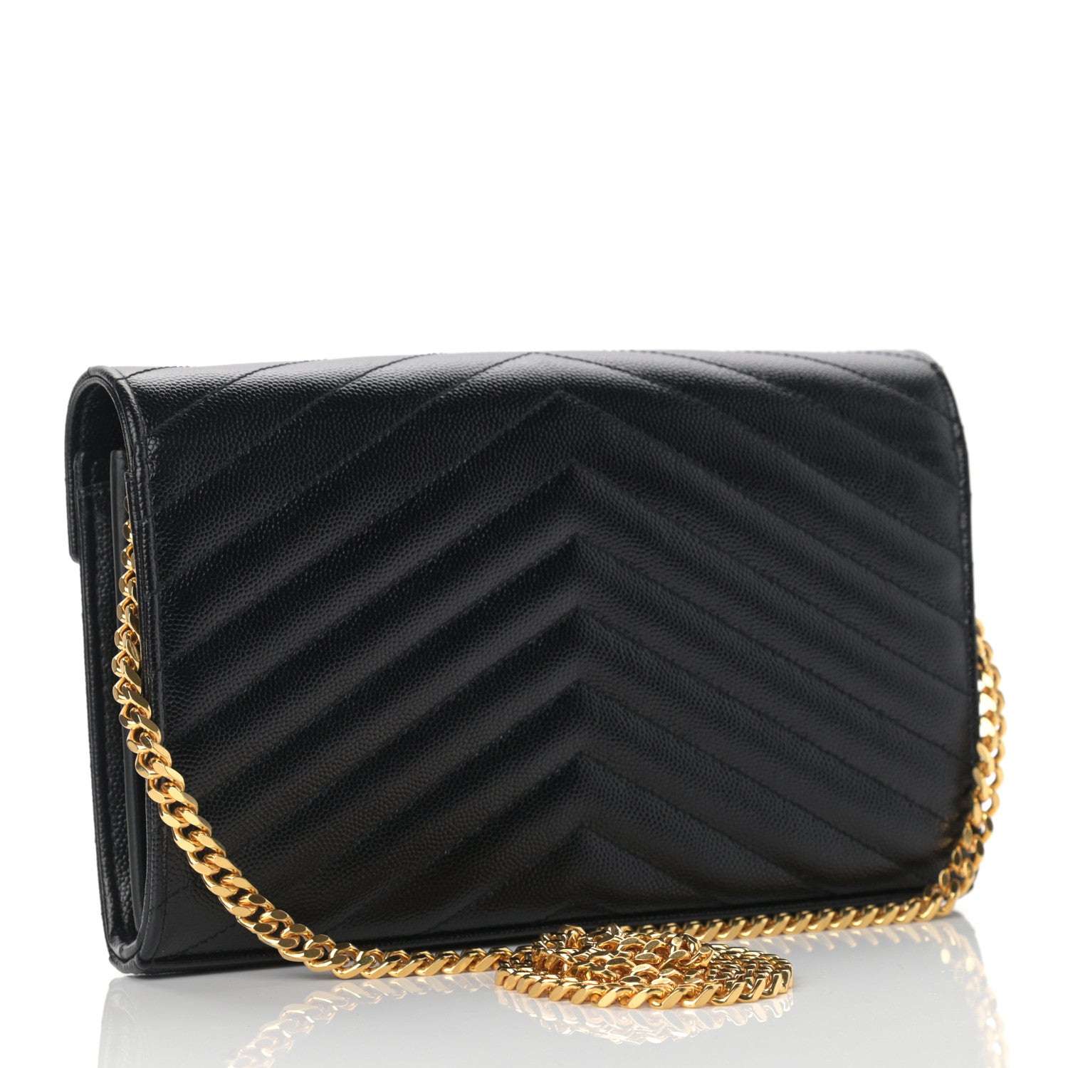 Saint Laurent Grain De Poudre Matelasse Chevron Monogram Chain Wallet Black 3 of 9