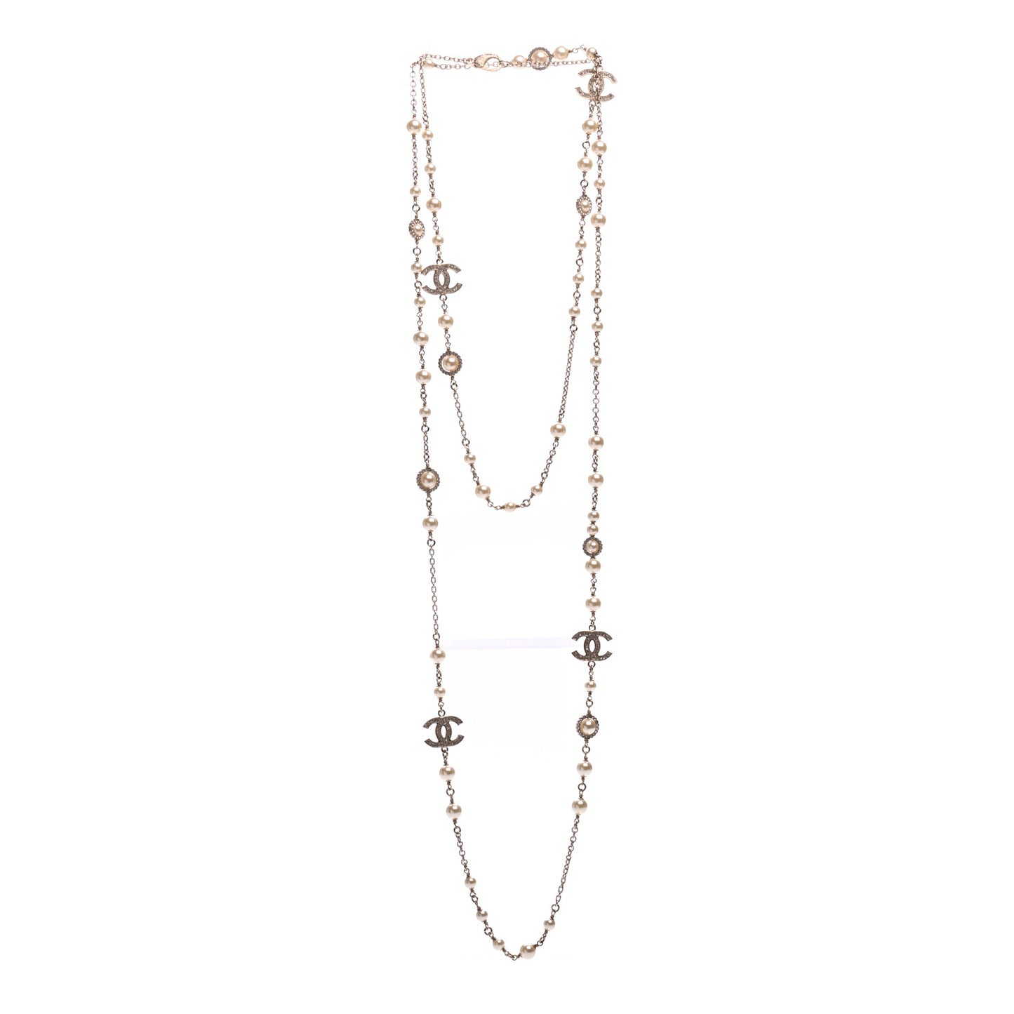 Crystal Pearl CC Long Necklace Gold