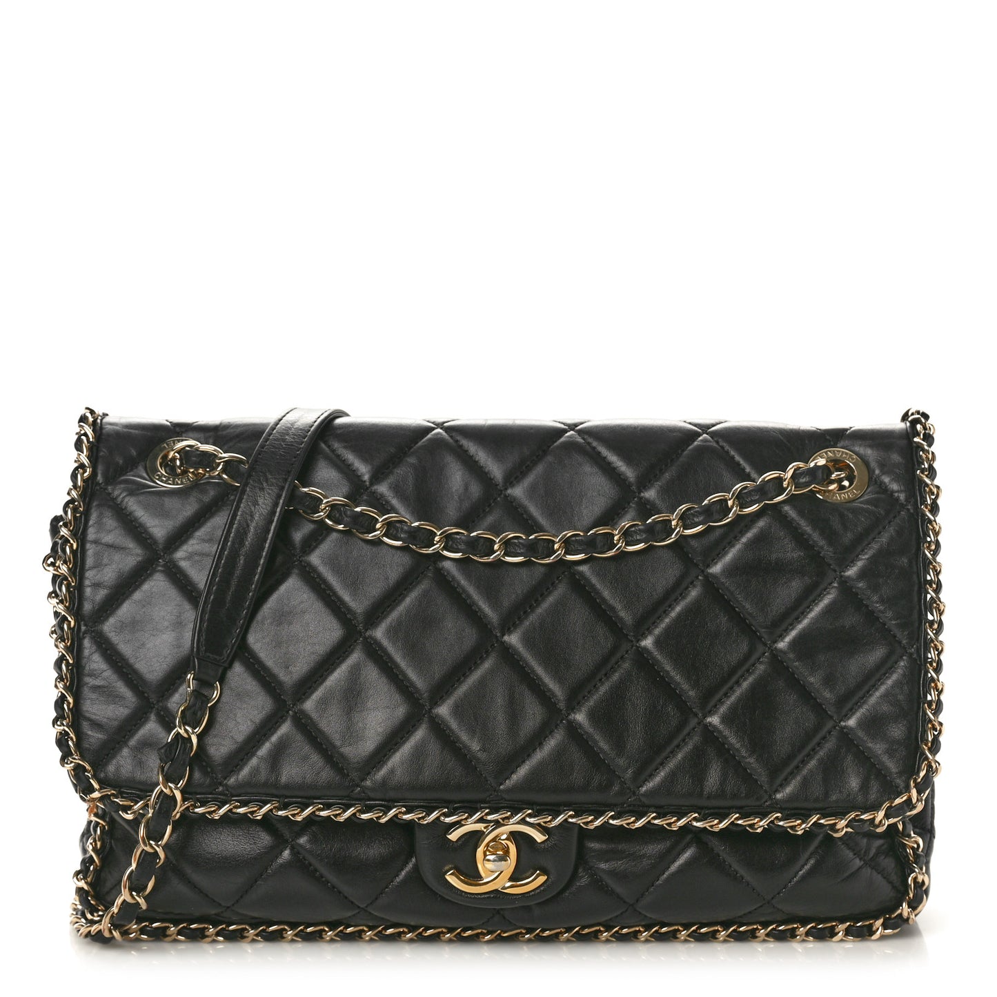 Crumpled Calfskin Quilted Large Chain All Over Flap Bag Black