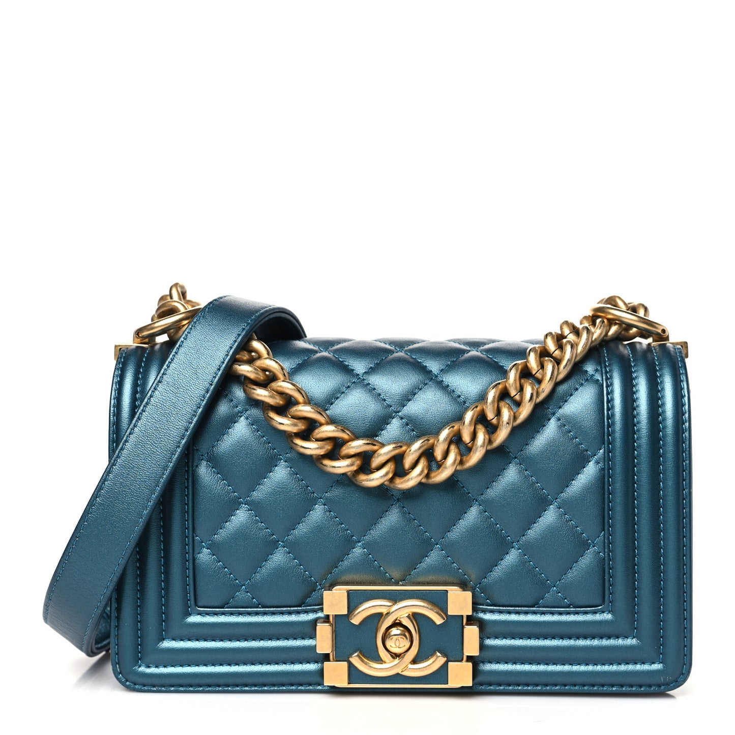 Metallic Calfskin Quilted Small Boy Flap Blue