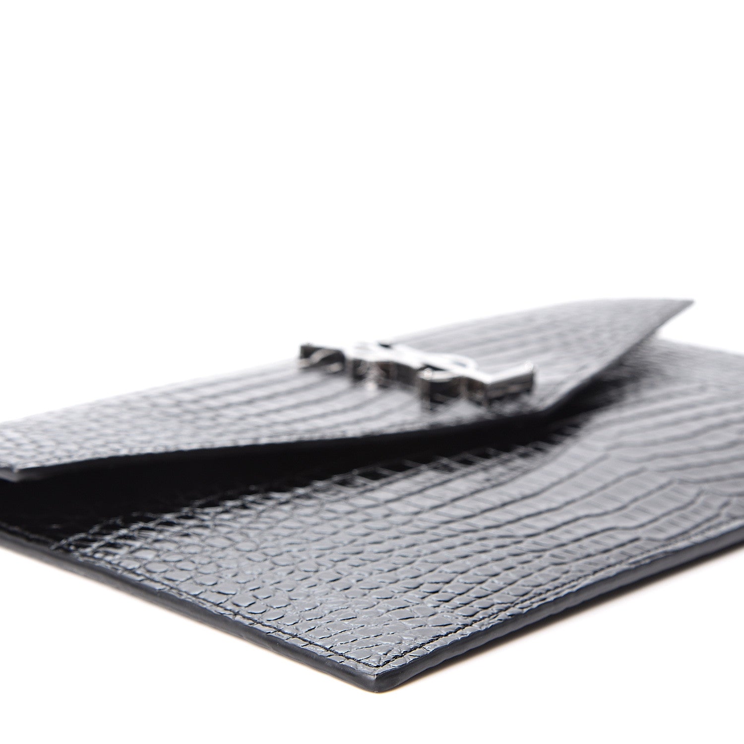 Saint Laurent Calfskin Crocodile Embossed Uptown Monogram Clutch Black 7 of 9