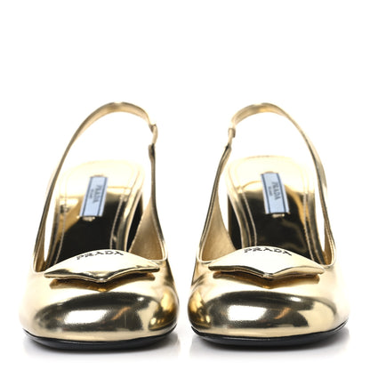 Prada Metallic Patent Triangle Logo Slingback Pumps 37 Platino 3 of 9