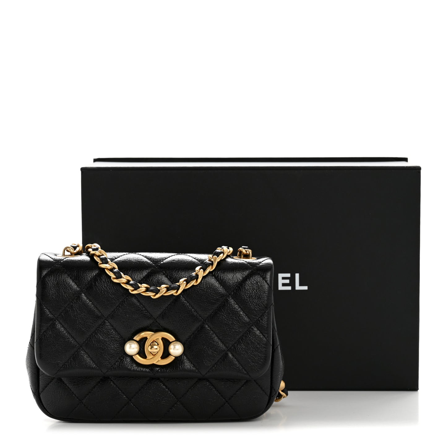 Glazed Calfskin Quilted Mini Pearl Side Flap Black