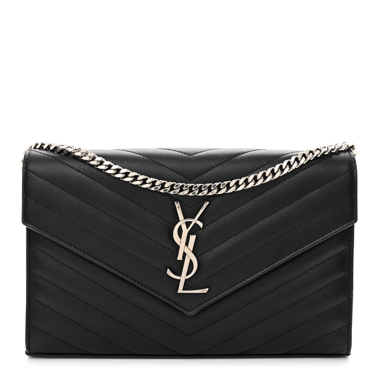 Saint Laurent Grain De Poudre Matelasse Chevron Monogram Chain Wallet Black 1 of 15