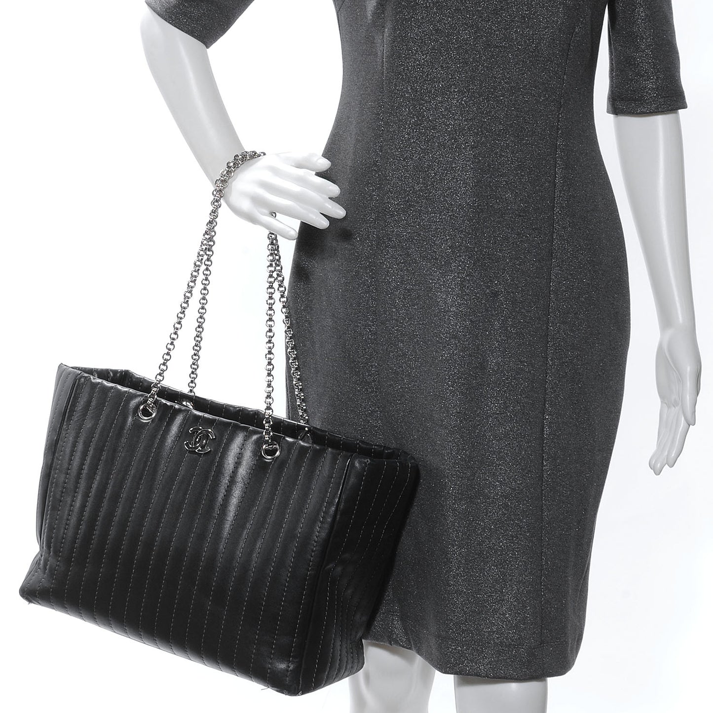 Lambskin Vertical Quilted Large Mademoiselle Tote Black
