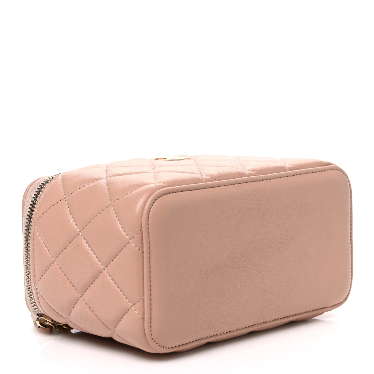Lambskin Quilted Small Top Handle Vanity Case With Chain Beige