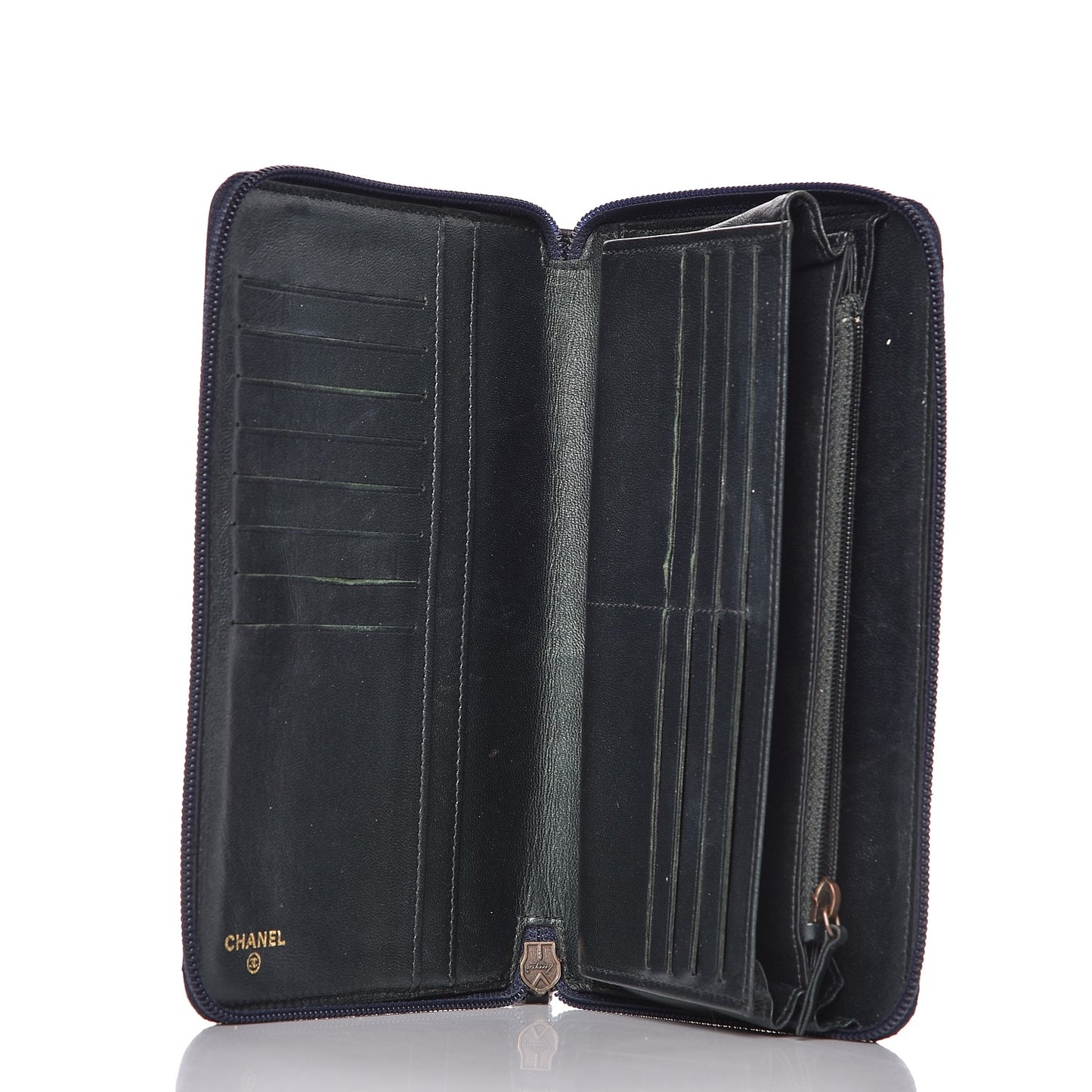 Lambskin Camellia Embossed Zip Around Organizer Wallet Navy