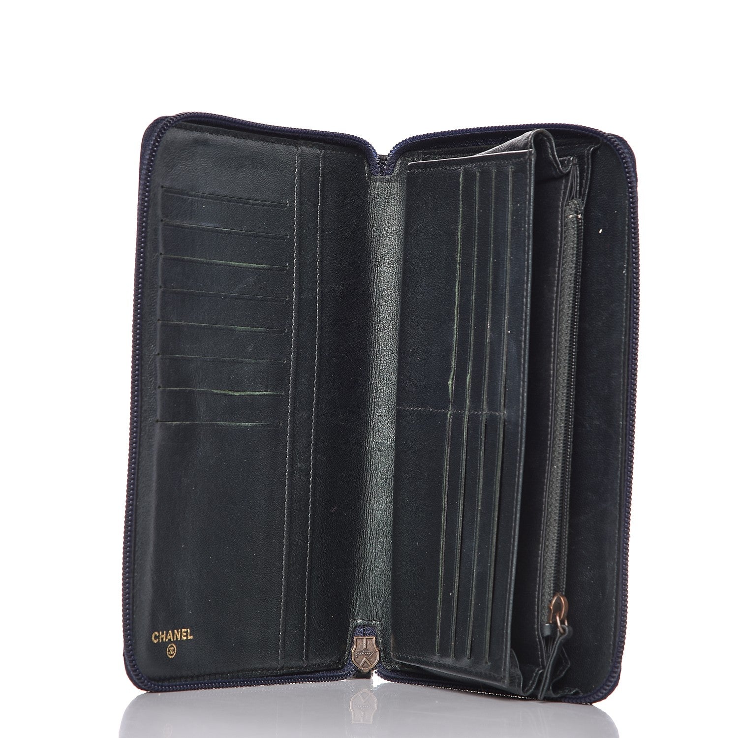 Chanel Lambskin Camellia Embossed Zip Around Organizer Wallet Navy 5 of 12