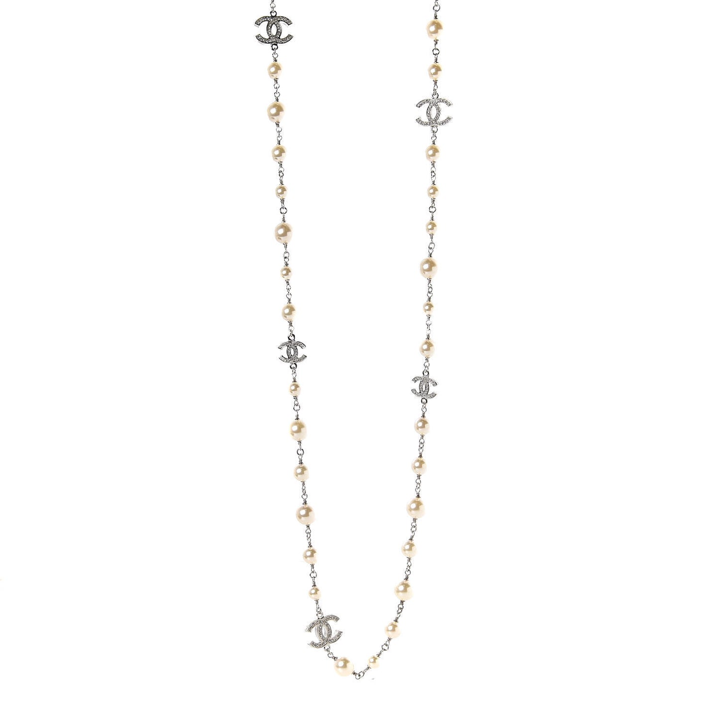 Crystal Pearl CC Long Necklace Silver
