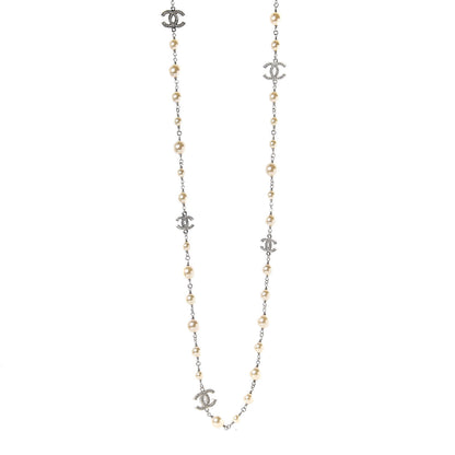 Chanel Crystal Pearl CC Long Necklace Silver 1 of 5