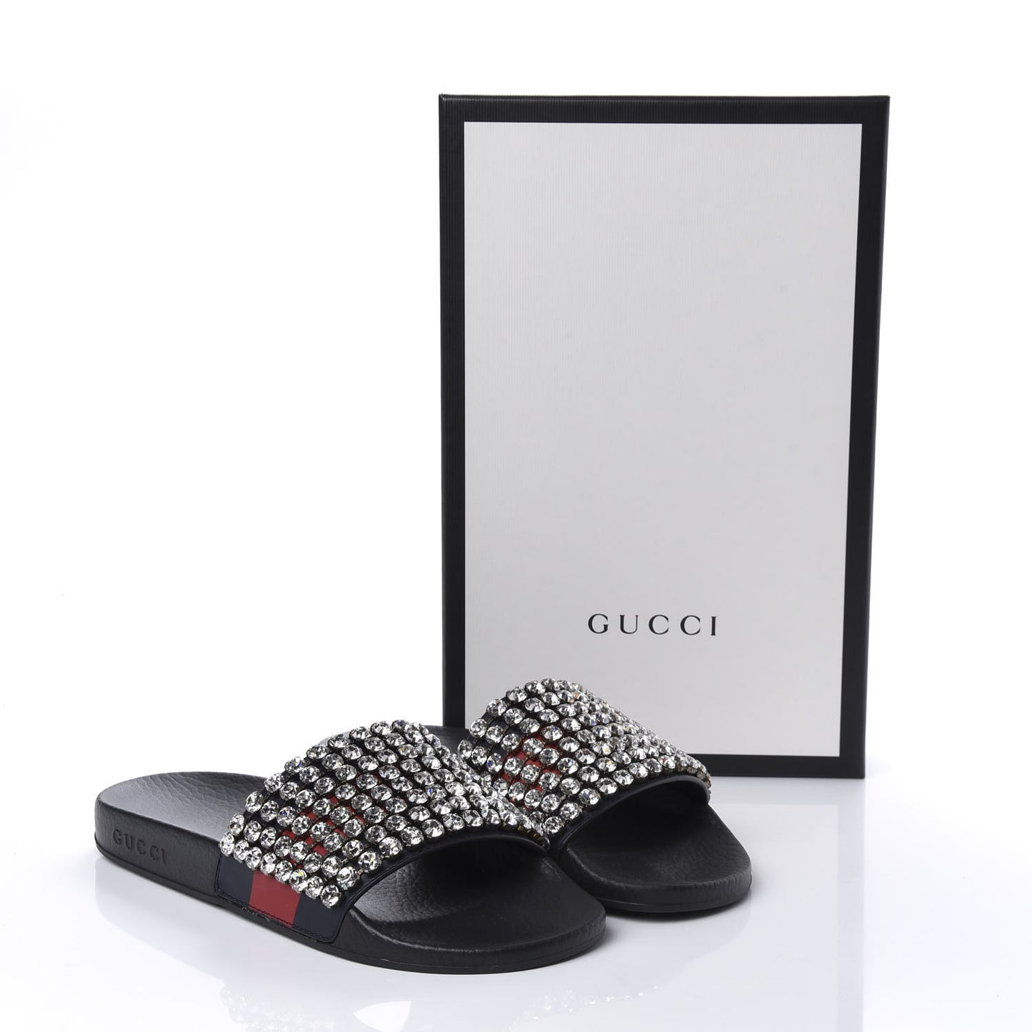 Calfskin Crystal Embellished Web Slide Sandals 38 Blue Red