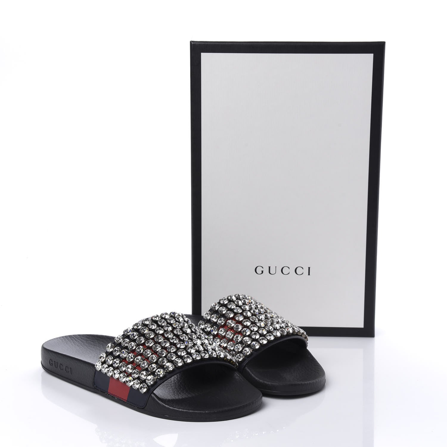 Gucci Calfskin Crystal Embellished Web Slide Sandals 38 Blue Red 9 of 9