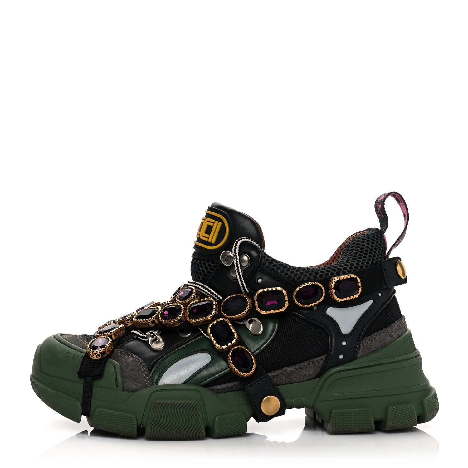 Gucci X SEGA Mesh Suede Calfskin Removable Crystals Flashtrek Sneakers 36 Loess Black Olive Green 1 of 8