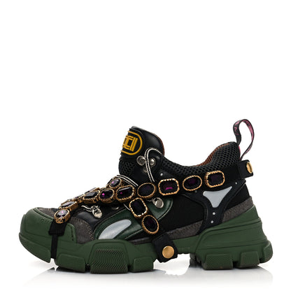 Gucci X SEGA Mesh Suede Calfskin Removable Crystals Flashtrek Sneakers 36 Loess Black Olive Green 1 of 8