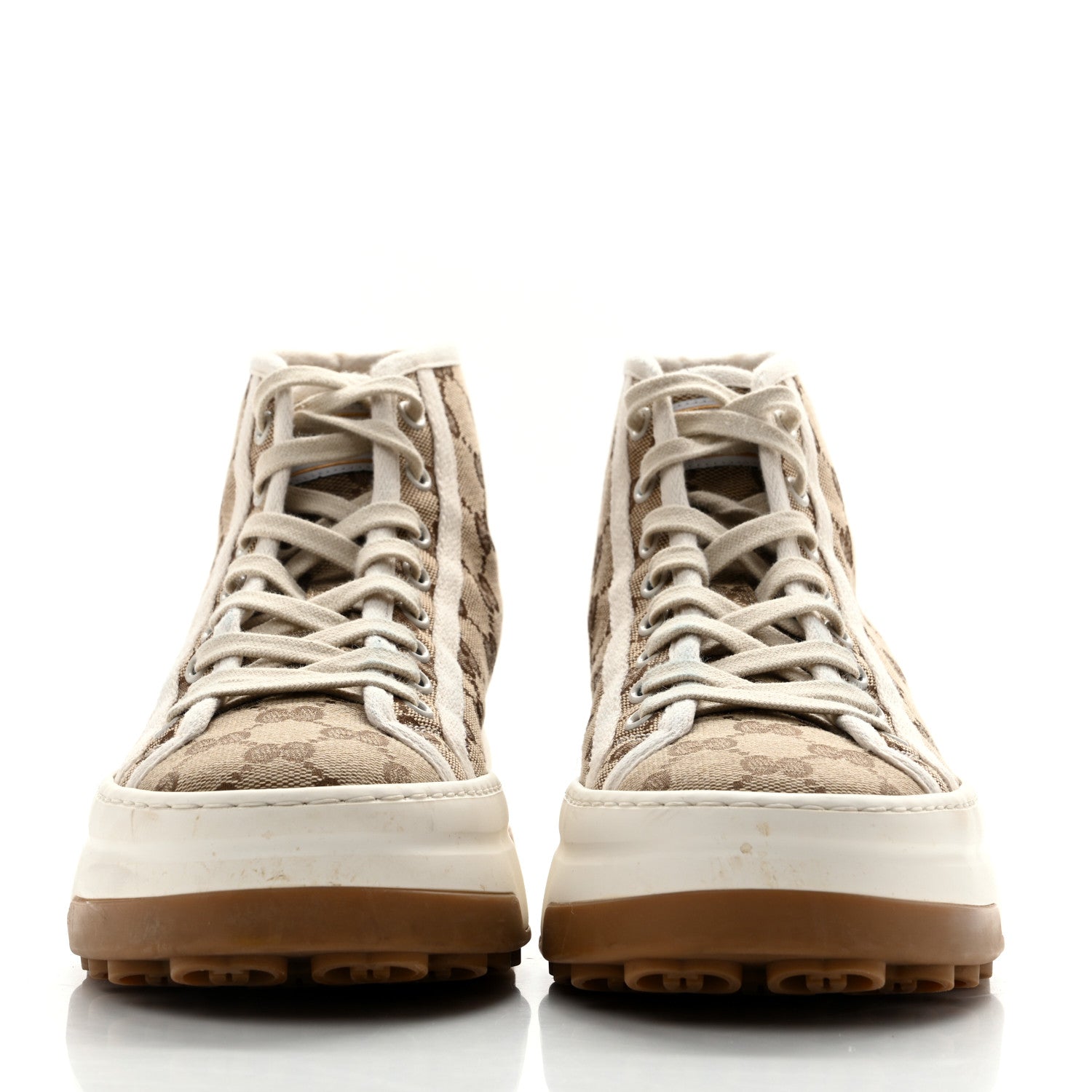 Gucci New Canvas GG Monogram Womens Tennis 1977 High Top 55mm Platform Sneakers 38.5 Beige Ebony Mystic White 3 of 12
