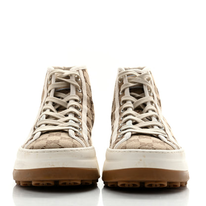 Gucci New Canvas GG Monogram Womens Tennis 1977 High Top 55mm Platform Sneakers 38.5 Beige Ebony Mystic White 3 of 12