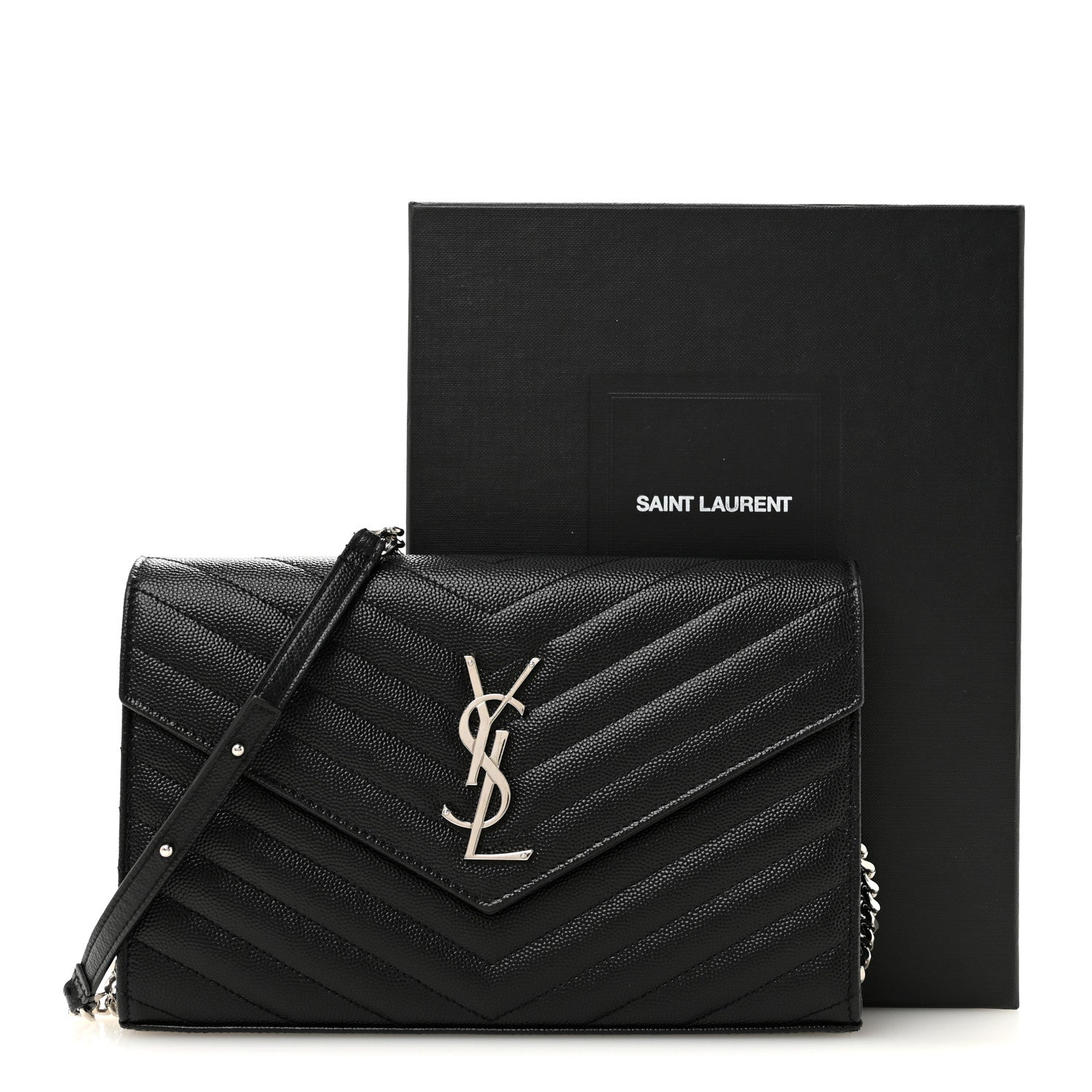 Saint Laurent Grain De Poudre Matelasse Chevron Monogram Chain Wallet Black 13 of 13