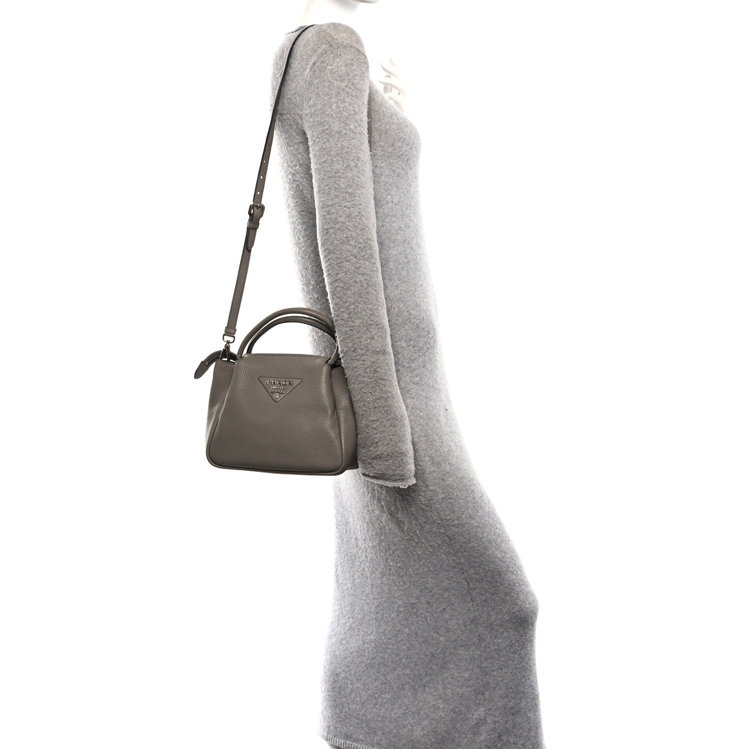 Prada Vitello Daino Soft Small Zippered Top Handle Bag Argilla