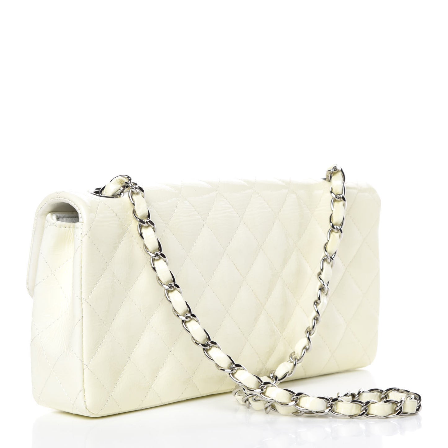Distressed Patent Calfskin Quilted East West Flap White
