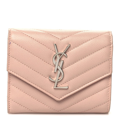 Saint Laurent Grain De Poudre Matelasse Chevron Monogram Compact Tri Fold Wallet Pale Pink 1 of 14