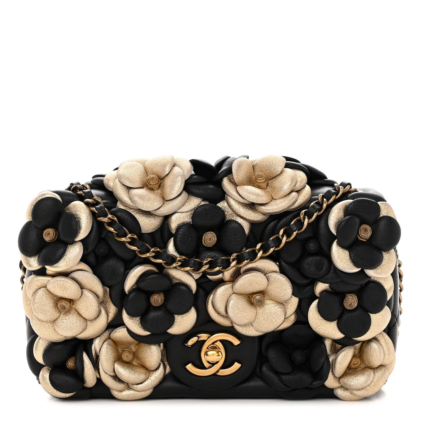 Metallic Lambskin Quilted Mini Camellia Flap Black Gold