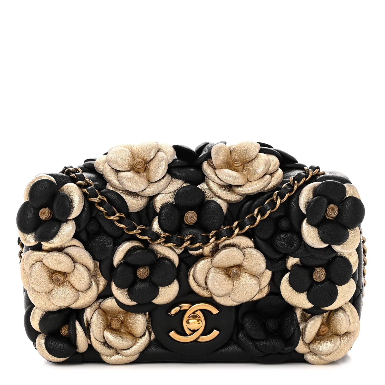 Chanel Metallic Lambskin Quilted Mini Camellia Flap Black Gold 1 of 10