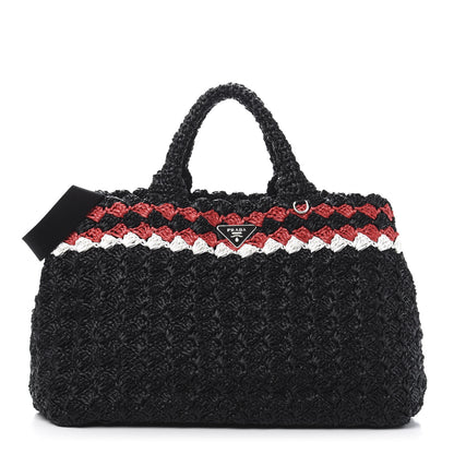 Prada Raffia Crochet Colorblock Large Giardiniera Tote Black Fuoco 1 of 13