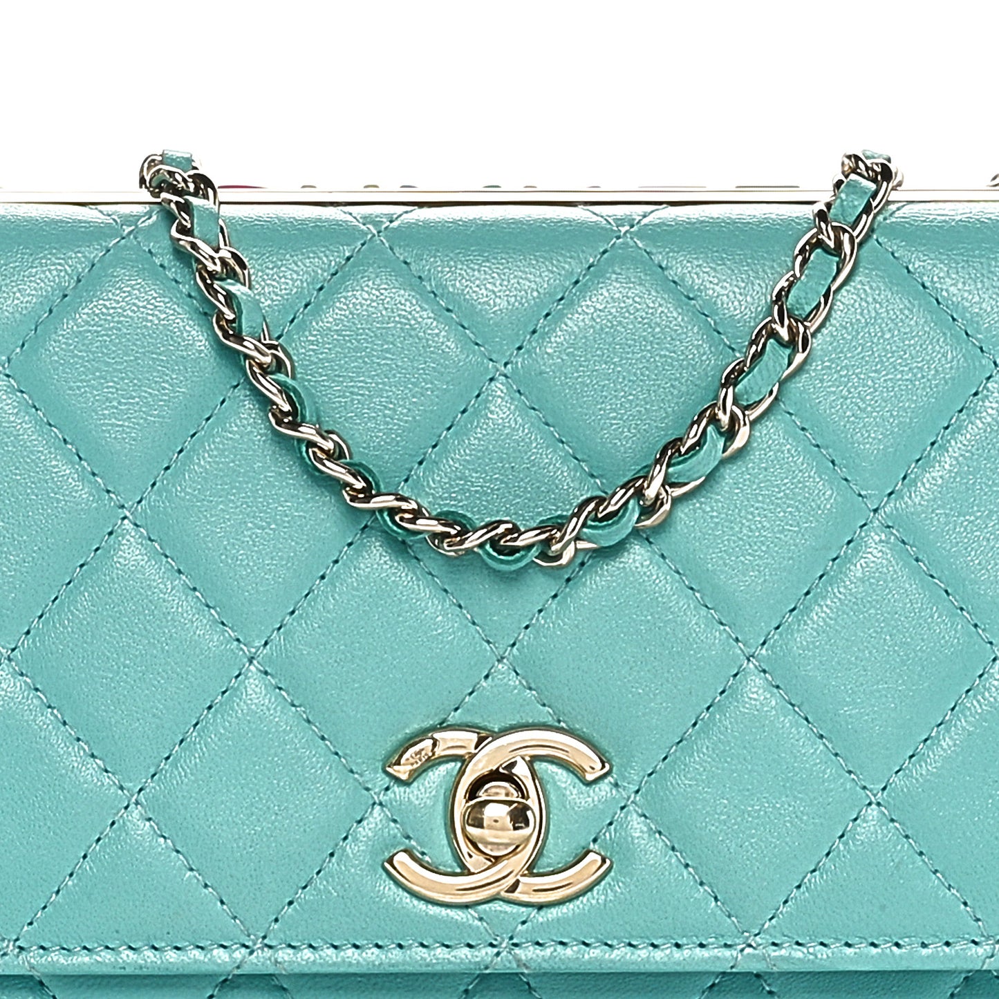 Lambskin Quilted Trendy CC Wallet On Chain WOC Turquoise