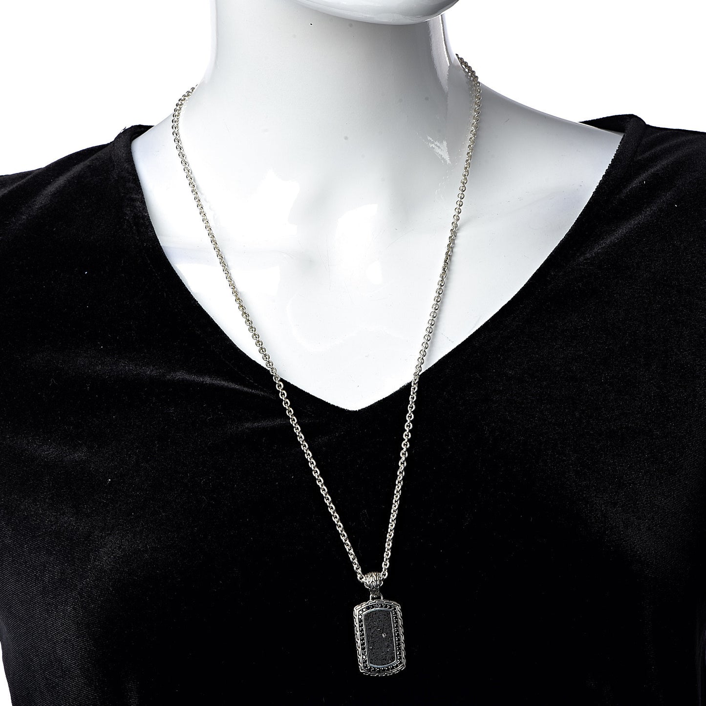 Sterling Silver Black Sapphire Lava Rock Dog Tag Necklace
