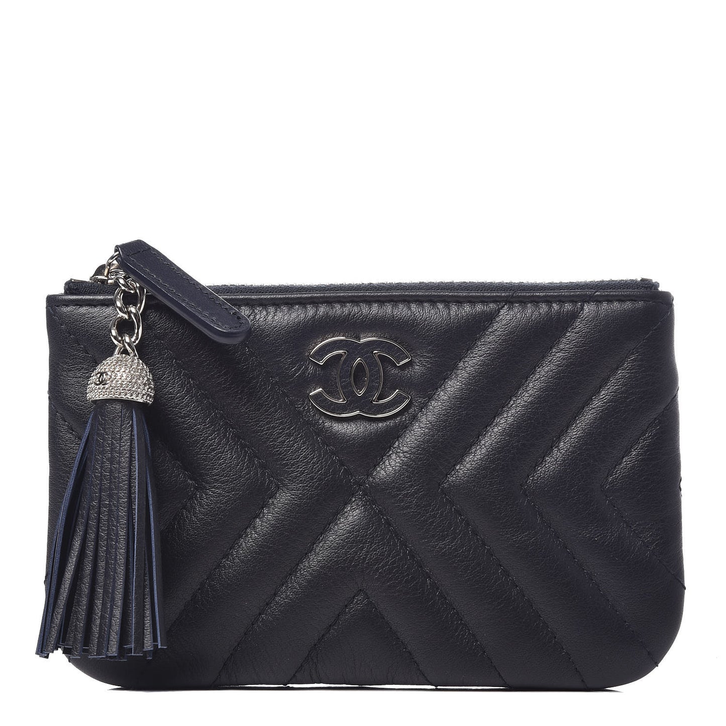 Calfskin Chevron Quilted Tassel Small Cosmetic Case Navy