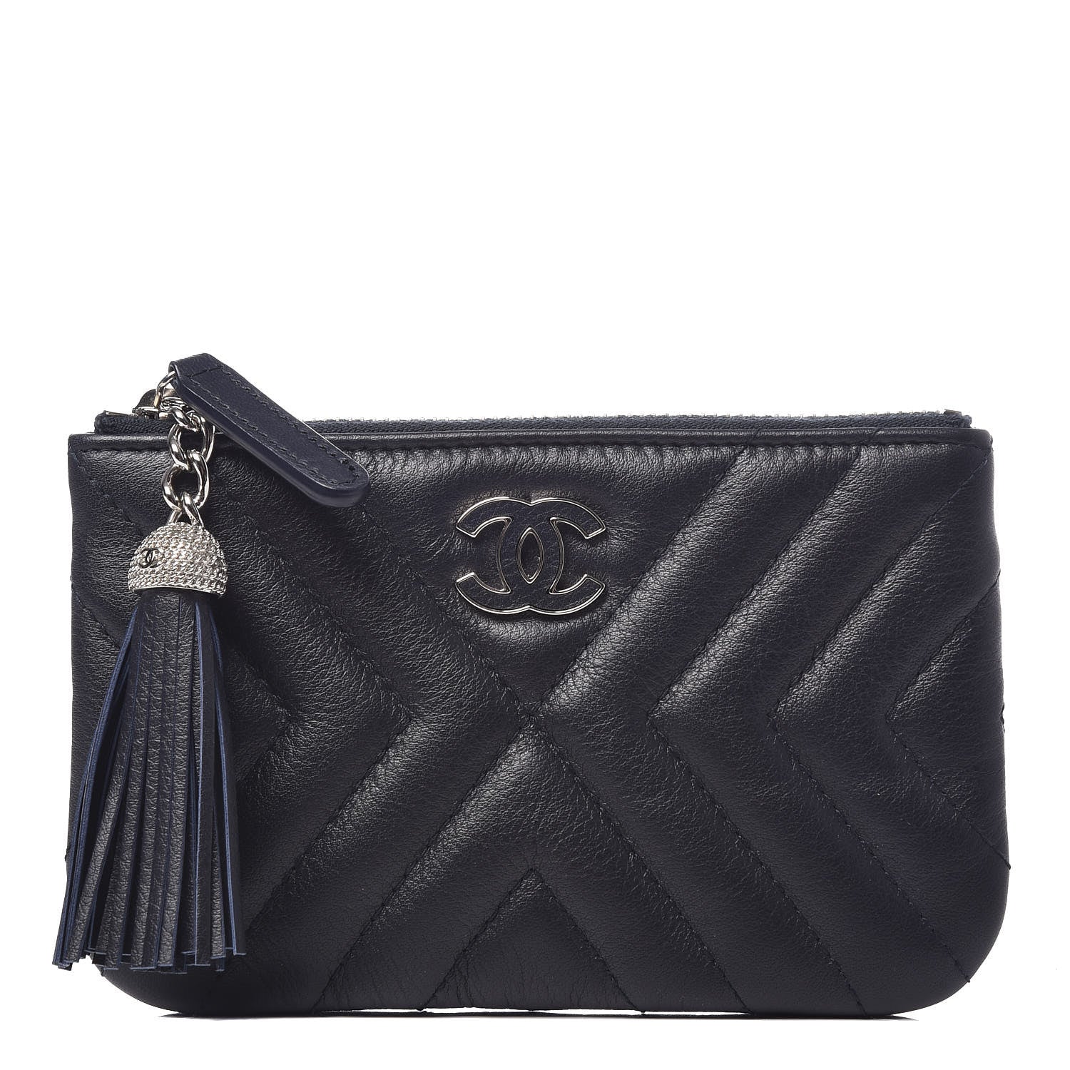 Chanel Calfskin Chevron Quilted Tassel Small Cosmetic Case Navy 1 of 7