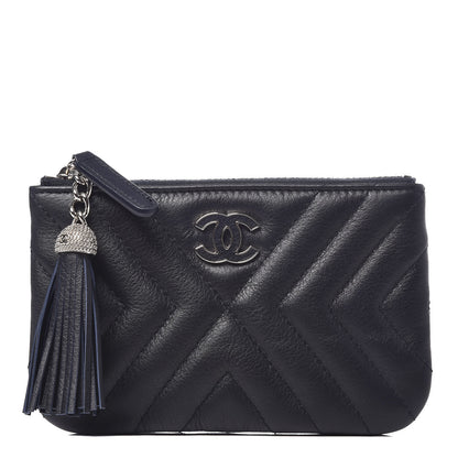 Chanel Calfskin Chevron Quilted Tassel Small Cosmetic Case Navy 1 of 7