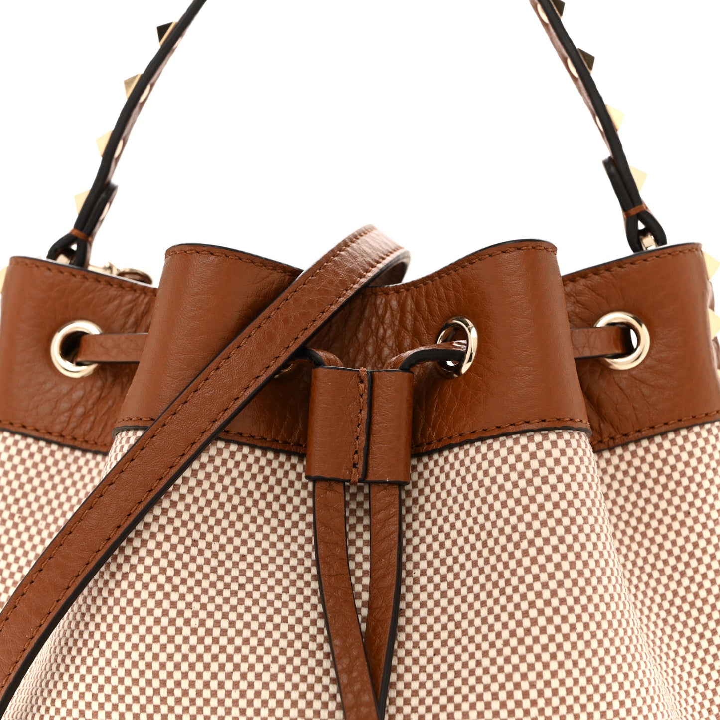 Canvas Grained Calfskin Rockstud Drawstring Bucket Bag Naturale Tobacco