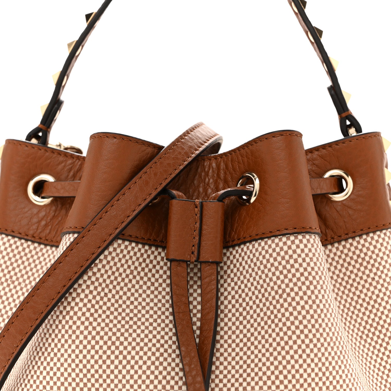 Valentino Garavani Canvas Grained Calfskin Rockstud Drawstring Bucket Bag Naturale Tobacco 7 of 9