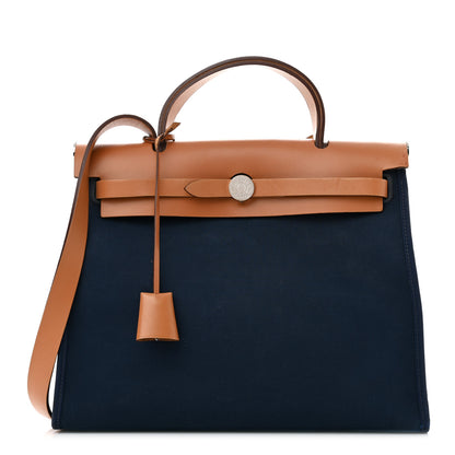 Hermes Vache Hunter Toile Herbag Zip 31 PM Bleu De Malte Natural 3 of 18