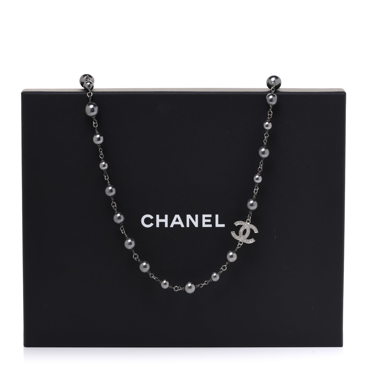 Crystal Pearl Beaded CC Long Necklace Ruthenium