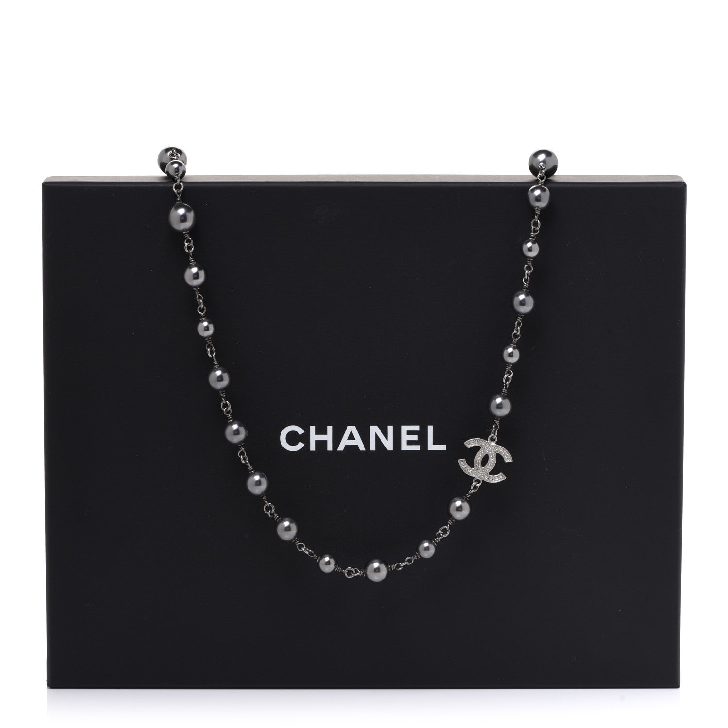Chanel Crystal Pearl Beaded CC Long Necklace Ruthenium 6 of 6