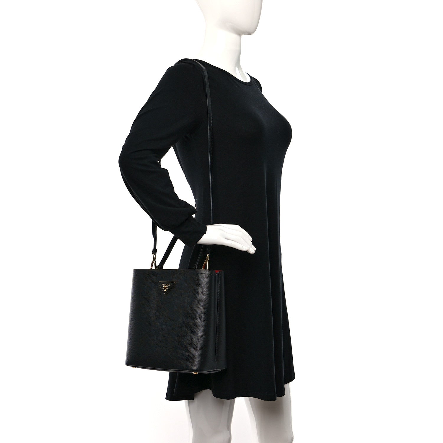 Prada Saffiano Cuir Medium Panier Bucket Bag Black Fuoco 2 of 9