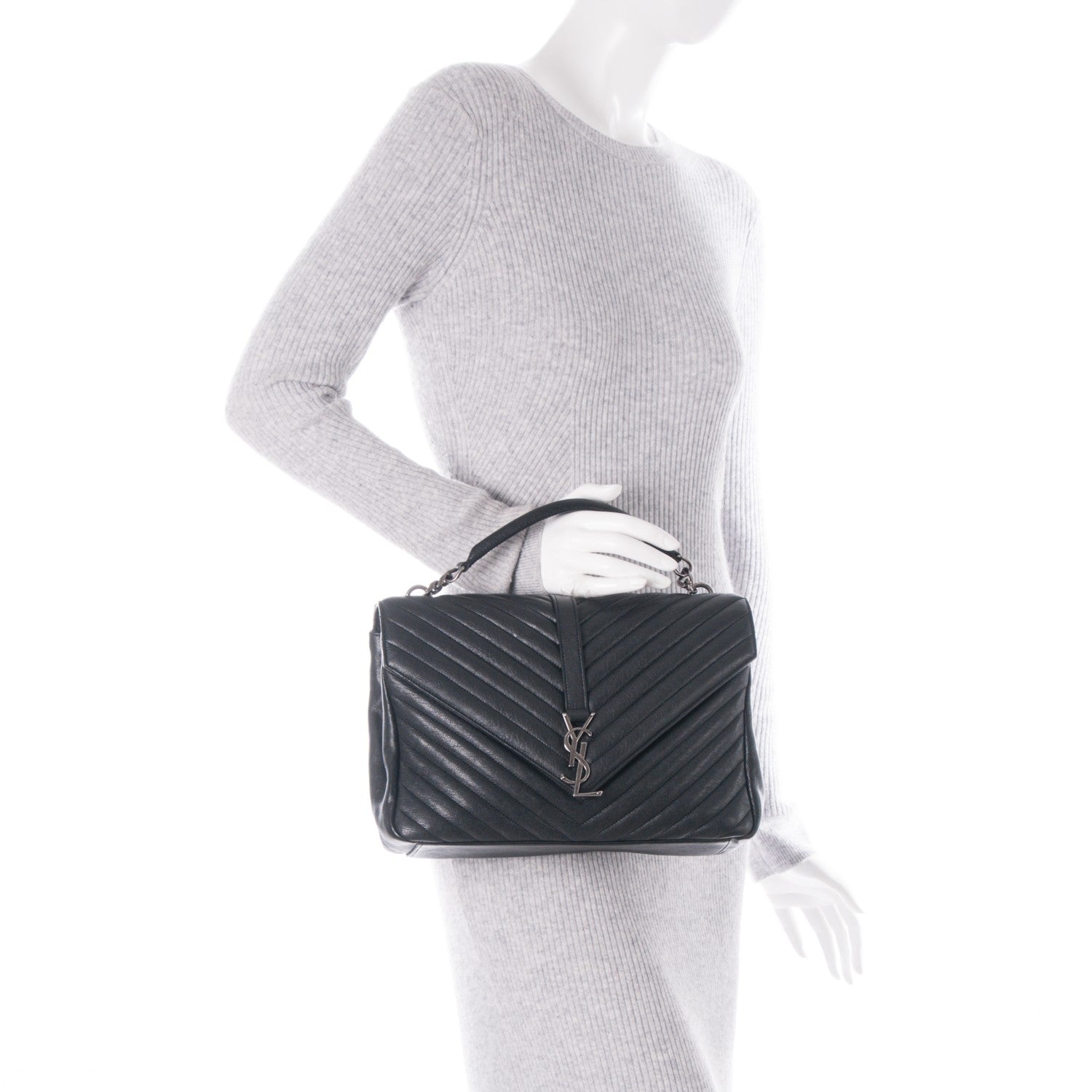 Saint Laurent Sheepskin Matelasse Chevron Monogram Large College Satchel Black 3 of 8