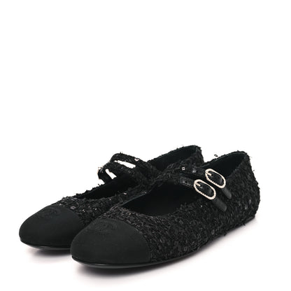 Chanel Tweed Sequin Mary Jane Flats 37.5 Black 4 of 9