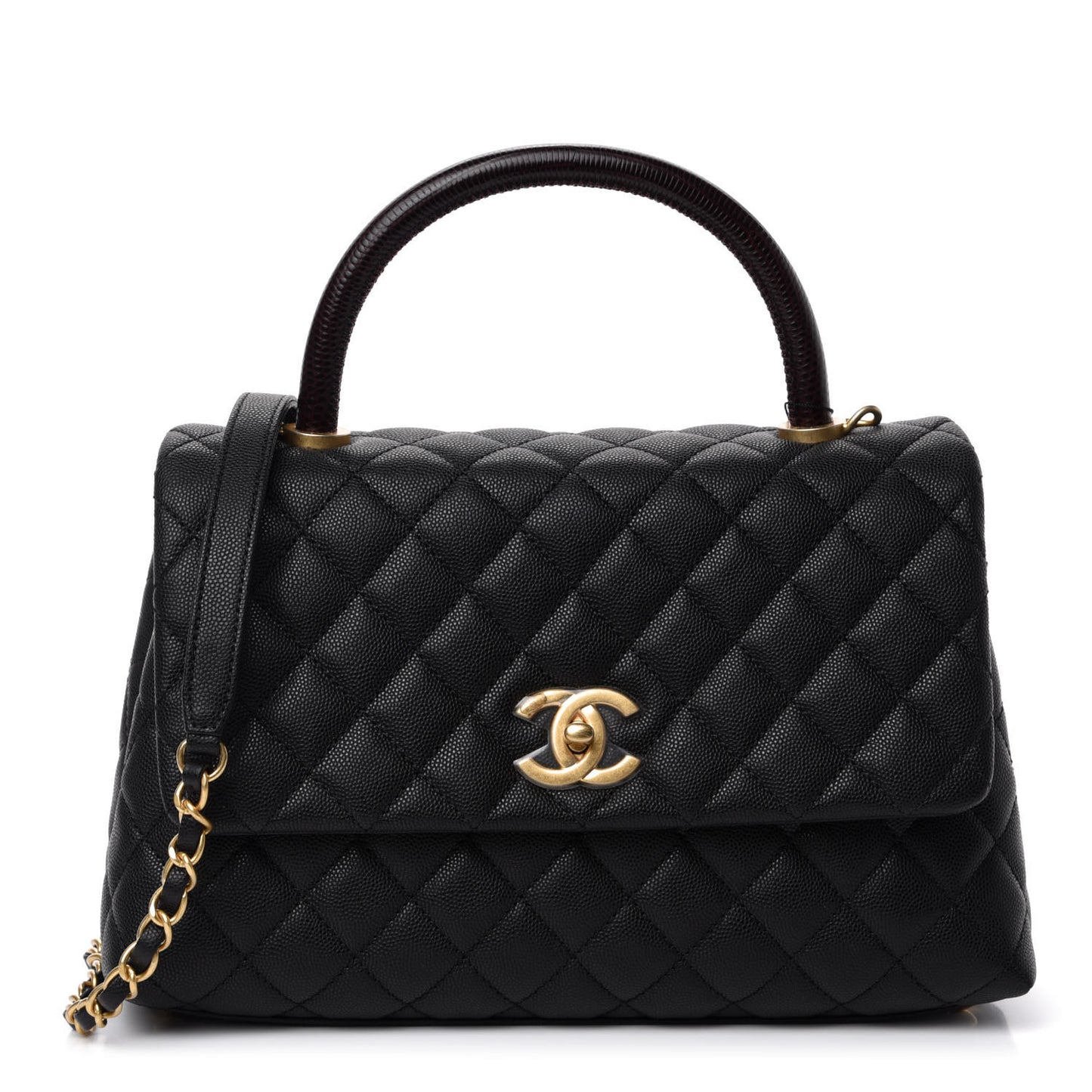 Caviar Lizard Embossed Quilted Small Coco Handle Flap Black