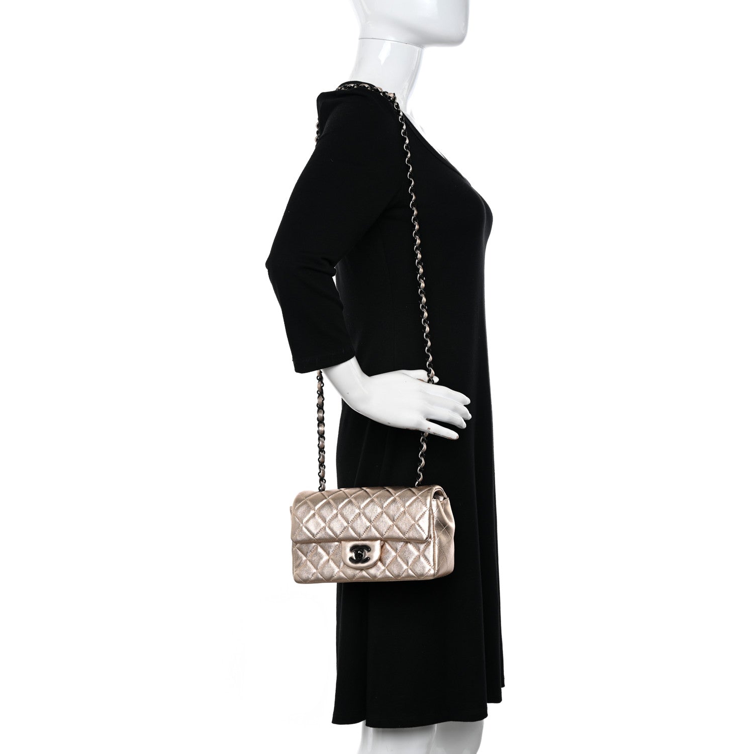 Chanel Metallic Lambskin Quilted Mini Rectangular Flap Gold Black 2 of 10