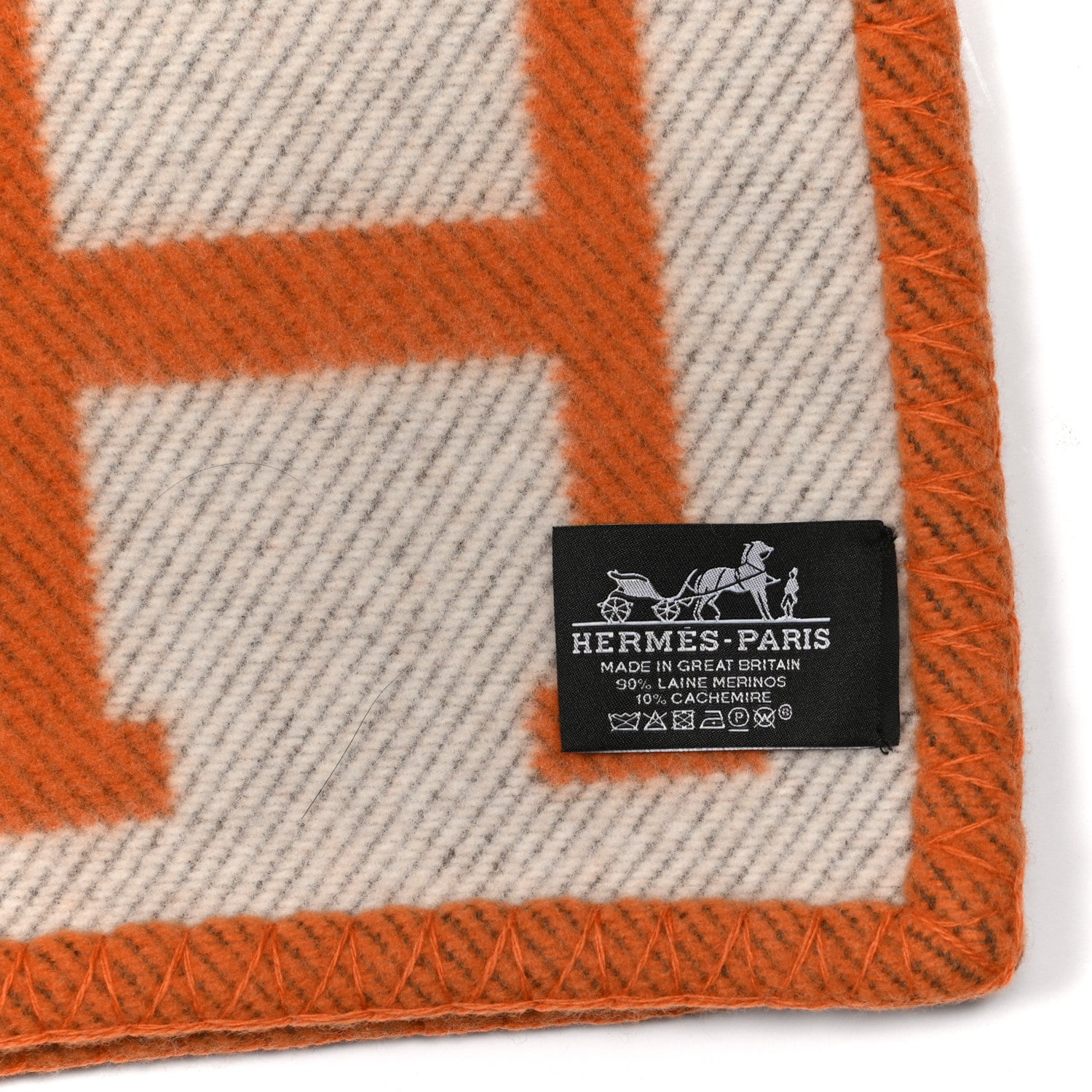 Hermes Wool Cashmere Signature Classic Avalon Blanket Ecru Potiron 3 of 3