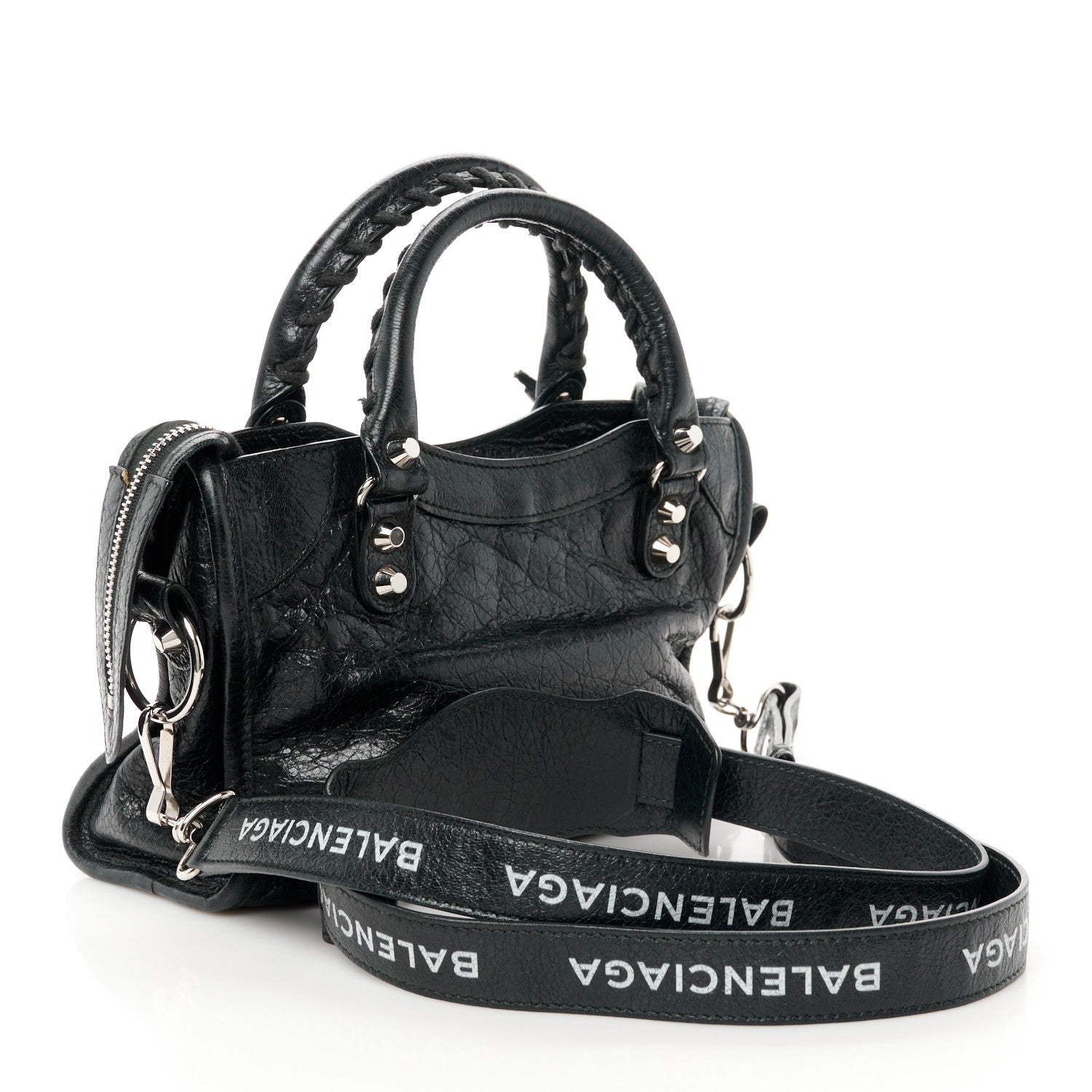 Balenciaga Agneau Classic Silver Hardware Mini City Logo Strap Black White 4 of 11