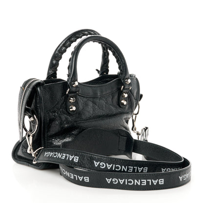 Balenciaga Agneau Classic Silver Hardware Mini City Logo Strap Black White 4 of 11