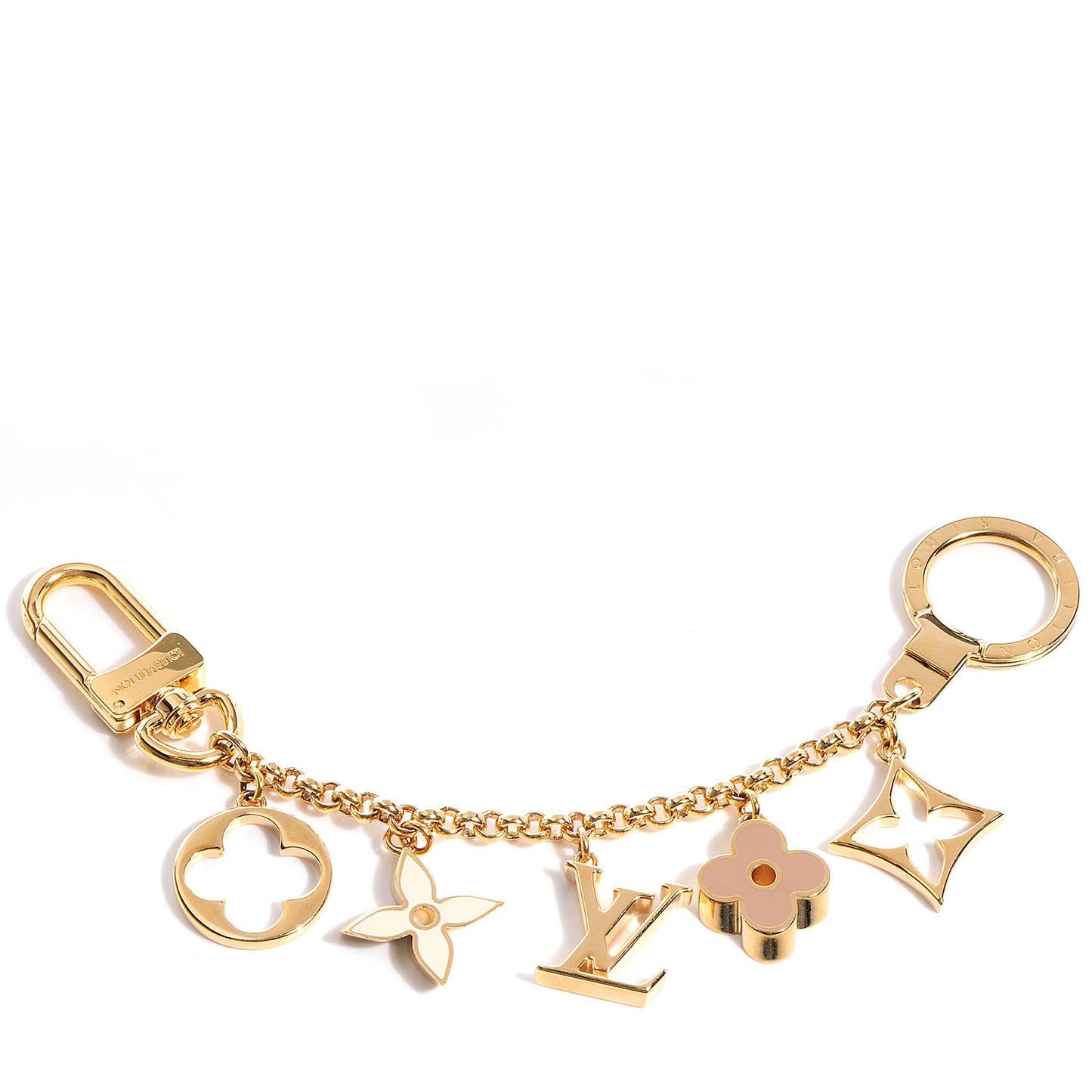 Brass Enamel Fleur De Monogram Bag Charm Chain Gold